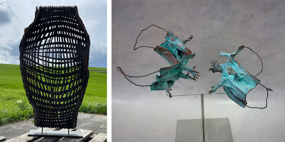 Links: Eine von Corinne Véyas inspirierenden Holzarbeiten.  Rechts: Pablo Navarro verwendet verschiedene Herstellungstechniken wie Modellieren und Vergiessen von Harzen in selbst hergestellten Silikonformen, um Ideen in Form, Bild und Gestalt wiederzugeben.