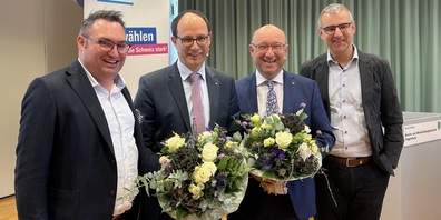 Von links: Parteipräsident Raphael Frei, die beiden Regierungsräte Marc Mächler und Beat Tinner sowie Fraktionspräsident Christian Lippuner. 