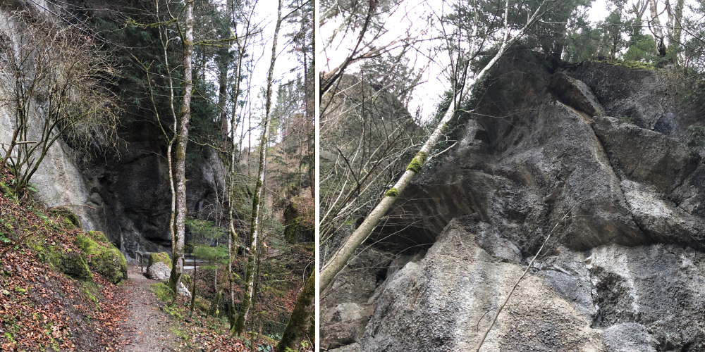 Die Situation im Februar: Der Weg mit abgebrochenem Felsstück (links) und die Abbruchstelle oben (rechts).
