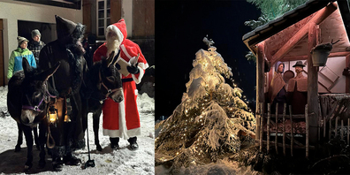Die Hauptpersonen des Abends: Nachdem der Samichlaus, der Schmutzli und ihre Esel im Wald abgeholt worden sind, walten sie auf dem Platz vor dem «Margess» ihres Amtes.
