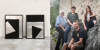 Flora Frommelts Dominostein (l.). Sie gehört zu den prominenten Projekt-Initianten: (v.l.n.r.) Max Aeberli, Daniela Colombo, Chrigel Bosshard und Flora Frommelt.