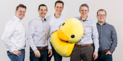Core team von v.l.n.r.: Pascal Welti, Leiter Energy Consultant NeoVac; Matthias Burtscher, CEO Fusonic; Christof Gabriel, Product Owner Fusonic; NeoDuck; Michael Eugster, Leiter Marketing NeoVac; Johannes Hartmann, Senior Software Developer Fusonic