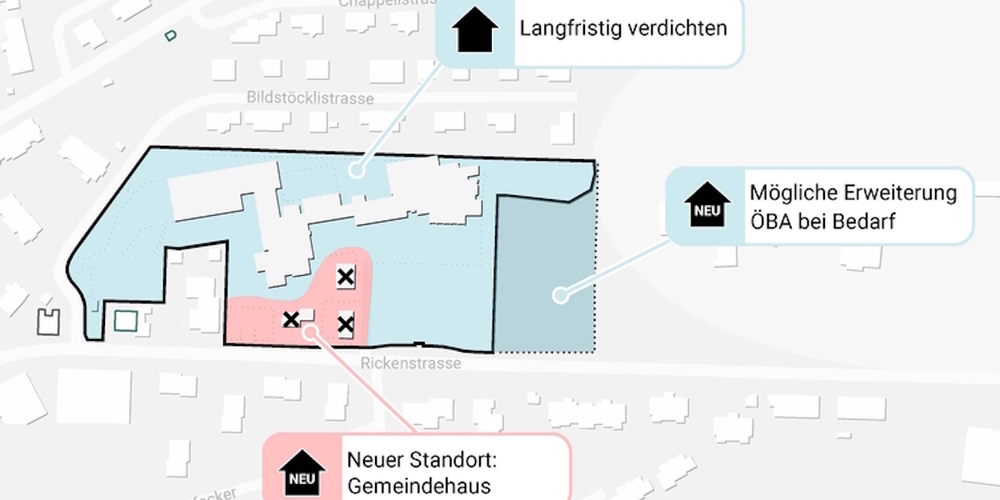 Der neue Standort (rot) des Gemeindehauses im Areal Breiten. Das Projekt ist Teil der Liegenschaftsstrategie.
