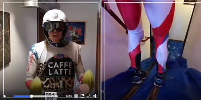 Tanja Hüberli macht den Ramon Zenhäusern. (Screenshots: Blick)