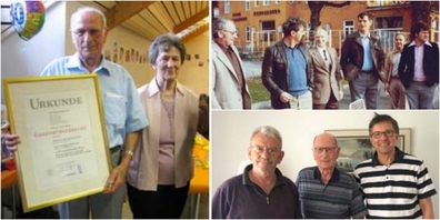 Links: Stolzer Ehrenbürger – Alfons Schwizer mit  Urkunde an seinem  80. Geburtstag  am 21. Juni 2009 zusammen mit seiner Ehefrau Trudi. Rechts, oben: Alfons Schwizer im Frühjahr 1980 anlässlich eines Ausfluges mit seinen Ratskollegen Walter Eberle, Paul Hug, Peter Bregg und Anton Tremp sowie Grundbuchverwalter Anton Giger (v.l.n.r.). Rechts, unten: Alfons Schwizer an seinem 90. Geburtstag mit seinen beiden Nachfolgern  Erich Jud (l., Gemeindepräsident 1.7.1994 bis 31.12.2012) und  Herbert Küng (r., Gemeindepräsident 1.1.2013 bis 31.12.2022).