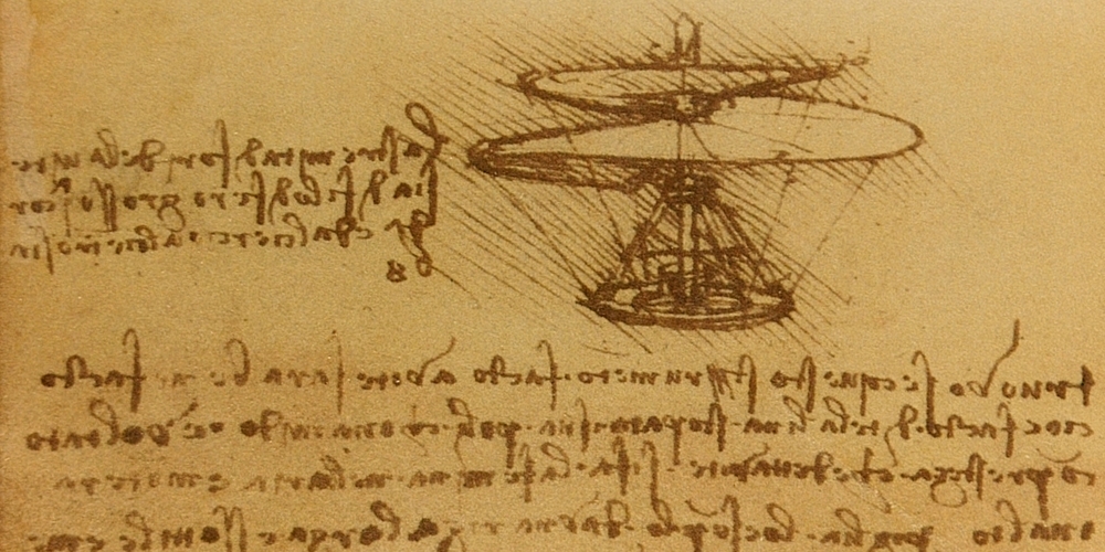 Leonardo da Vinci notiert seine Beobachtungen akribisch und leitet daraus mit wissenschaftlichen Methoden naturalistisch-physikalische Gesetze für Fluggeräte ab