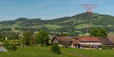 Schreckensszenario für Windkraftgegner: Blick von Bubikon gegen Bachtel (rechts) und Allmen Mitte, links Berggrat Egg, im Vordergrund das Ritterhaus Bubikon.