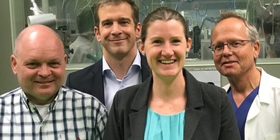 Das STIMIT-TEAM von links: Peter Frei, Verwaltungsrat, Olivier Mülller, Mitgründer, Ronja Brühn, CEO und Mitgründer, Prof. Hans Pargger, Kundenperspektive.