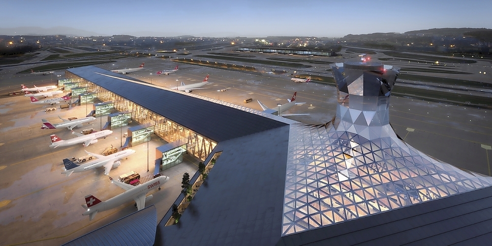 Die Visualisierung zeigt das neue Dock A mit Dockwurzel und Kontrollturm beim Einnachten. 