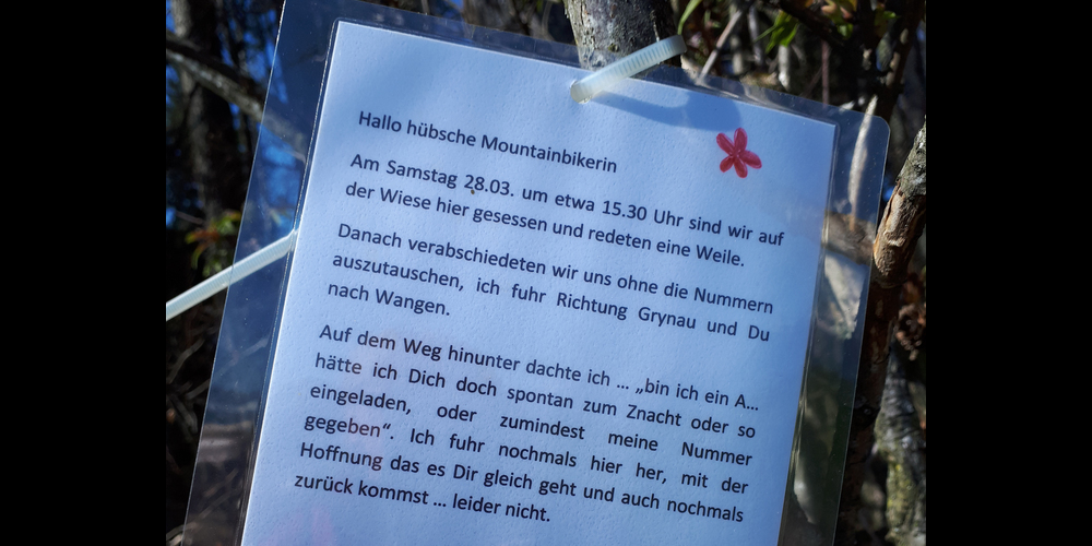 Hübsche Idee für eine hübsche Frau: die Freundschaftsanfrage am Waldrand. (Bild: Johanna Mächler)