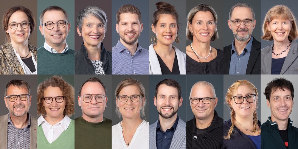 Kandidierende der Grünen-Hauptliste: (o.v.l.) Tanja Zschokke, Urs Bernhardsgrütter, Rahel Würmli, David Rogg, Julia Büsser, Ruth Wespe, Matthias Ehrensperger, Cornelia Meier; (u.v.l.) Othmar Bürgi, Elisabeth Jäggi, Martin Bucher, Katja Marty, Marco Zanetti, Wolfgang Klein, Michèle Schnyder, Philip Rist.