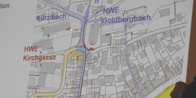  Eindolung Goldbergbach: Karte des Zusammenflusses von Kürzibach und Goldbergbach.
