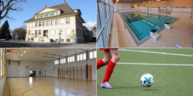 Fünf Gutachten betrafen u.a. das Schulhaus Bifang (l.o.), eine der Turnhallen Letzi (l.u.), das Schwimmbad Herrenacker (r.o.) sowie ein neues FCU-Kunstrasenfeld.