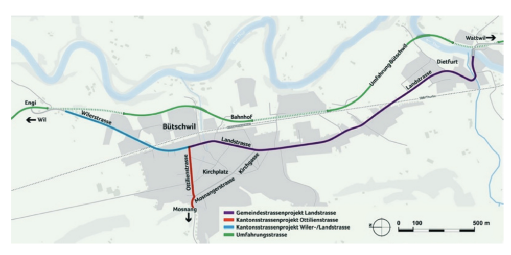 Der Projektperimeter des Gemeindestrassenprojekts Lands- trasse erstreckt sich über 2,2 Kilometer, vom Knoten Land-/ Ottilienstrasse bis zur Thurbrücke in Dietfurt. 