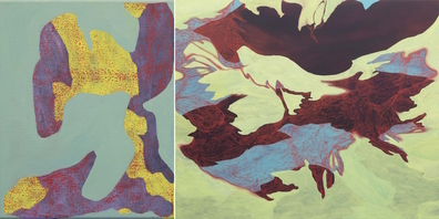 Zwei Bilder von Shannon Zwicker (v.l.): Feasting on Clouds, 2023  Acryl, Öl, Ölkreide 30 x 24 cm; Seeking for a Tender Place (My Body Is a Tender Place), 2023 Acryl, Öl, Ölkreide, Tusche 150 x 180 cm.