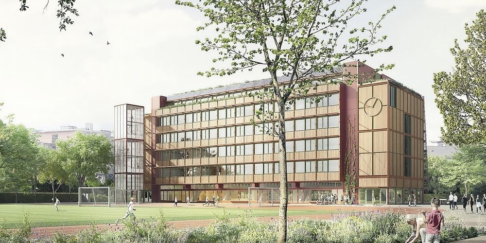 Beim Ersatzneubau kommen Holz und Recyclingbeton zum Einsatz, für die Fassaden wird Recyclingstahl verwendet. 