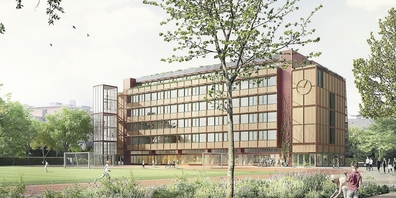 Beim Ersatzneubau kommen Holz und Recyclingbeton zum Einsatz, für die Fassaden wird Recyclingstahl verwendet. 