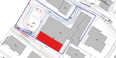 Die geplante Vergrösserung des Baufeldes ist im Planauszug rot markiert.