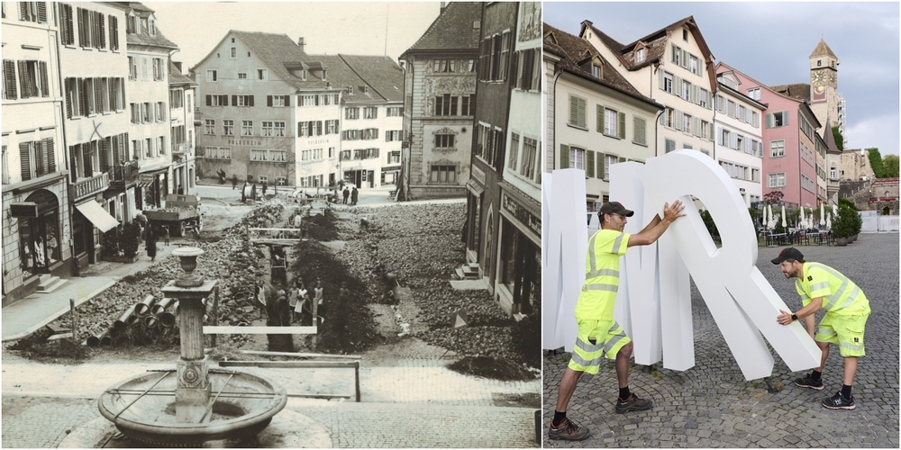 Der Hauptplatz um 1936 (l.) und heute (r.).