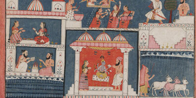 Krishna wird auf der Erde geboren: Folio 8 aus einer Bhagavata Purana-Serie, Indien, Bundelkhand, Orchha, ca. 1690 bis 1700.
