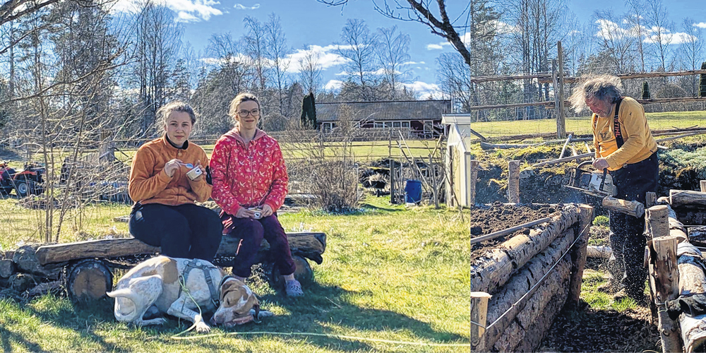 Seraina (links) und Flurina gönnen sich eine kurze Homeschooling-Pause, während Vater Heinrich Schwyter mit Sägearbeiten beschäftigt ist.