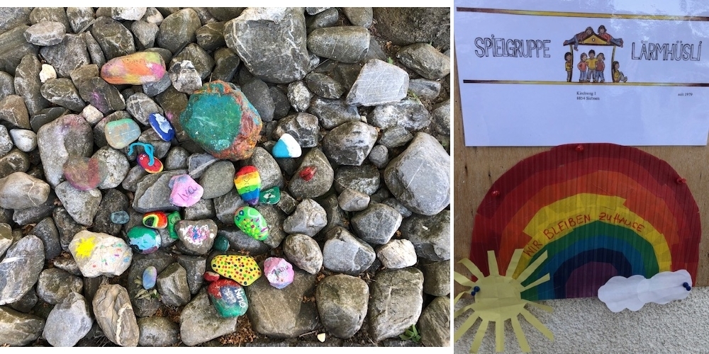 Wegen Corona blieben die Spielgruppen-Kinder zuhause (rechts). Sie durften jedoch einen Stein bemalen und als Symbol der Zusammengehörigkeit in einem Steinbeet deponieren (links).