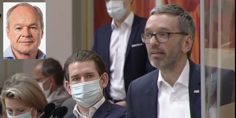 Verleger Bruno Hug (links) nimmt die Corona-Schelte im Nachbarland Österreich zum Anlass für einen Kommentar gegen die Corona-Angst (Bildmitte: Kanzler Kurz, rechts Nationalrat Kickl).