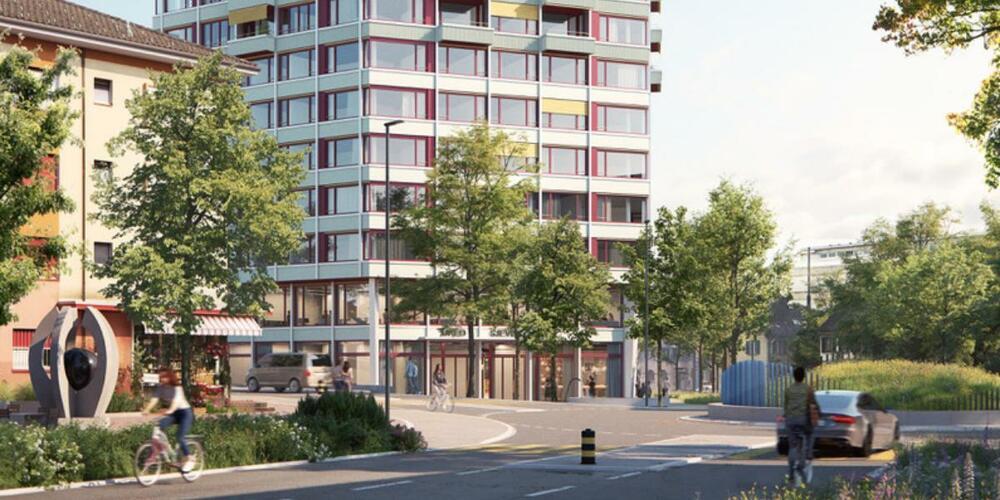 Die Visualisierung zeigt den Vorschlag des Siegerprojekts aus dem Studienauftrag für das Hochhaus im Baufeld E2 (Blick aus Richtung Kreisel/Rikonerstrasse). (Visualisierung Tom Schmid Schaffhausen)