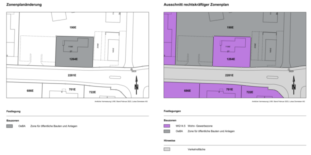 Zonenplanänderung und Ausschnitt rechtskräftiger Zonenplan (Amtliche Vermessung LV95: Stand Februar 2023, Lokas Domeisen AG). Eine detailliertere Ansicht finden Sie in den Downloads.