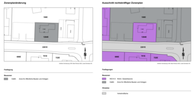Zonenplanänderung und Ausschnitt rechtskräftiger Zonenplan (Amtliche Vermessung LV95: Stand Februar 2023, Lokas Domeisen AG). Eine detailliertere Ansicht finden Sie in den Downloads.
