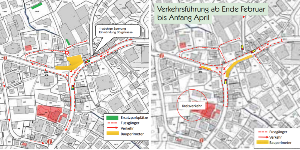 Links: Ende Februar steht der Einbau der Trag- und Binderschicht in der Strasse an.  Dafür muss der Einlenker Bürgstrasse nochmals während  rund einer Woche gesperrt werden. Rechts: Verkehrsführung ab Ende Februar bis Anfang April.