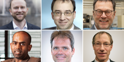 Oben: Prof. Dr. Martin Frank, Prof. Dr. Juerg Leuthold, Dr.-Ing. Oltmann Riemer; unten: Prof. Dr. Vivek Subramanian, Prof. Dr. Thomas Südmeyer, Prof.em. Dr. Konrad Wegener