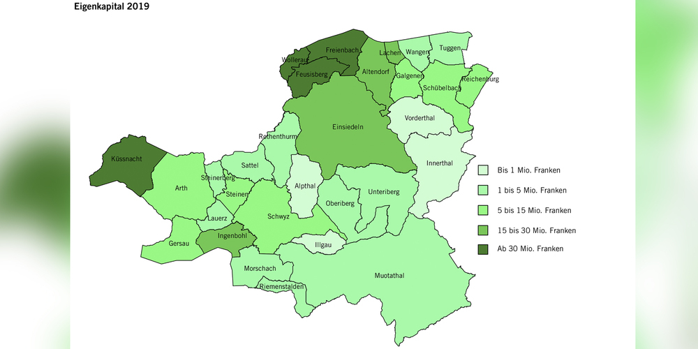 Alle Schwyzer Gemeinden weisen zurzeit Eigenkapital aus. Am höchsten sind die Werte in den drei Höfner Gemeinden und in Küssnacht. (Grafik zvg)