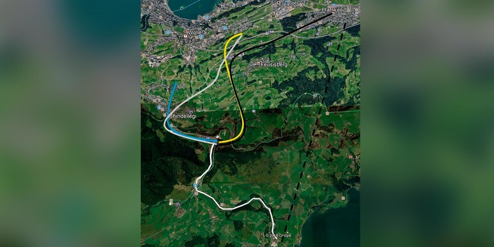 Die fünf geprüften Varianten der Abwasserleitung von der ARA Einsiedeln zum Kanalnetz des Abwasserverbands Höfe: gelb die Variante 1 (Eulen), schwarz die Variante 2 (Pfäffikonerstrasse), blau die Variante 3 (Wollerau), grau die Variante 4 (Schindellegi), schwarz gestrichelt die Variante 5 (Etzel). Realisiert werden soll die Variante grau durch Schindellegi bis in die Eulen in Wilen. (Illustration zvg)