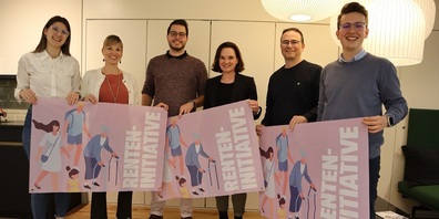 Setzen sich im überparteilichen Komitee für ein Ja zur Renteninitiative ein: Maria Näf, Junge die Mitte Thurgau, Nationalrätin Diana Gutjahr (SVP), Marco Bortoluzzi, Junge SVP,  Nationalrätin Kris Vietze (FDP), Kantonsrat Marco Rüegg (GLP) und  Enrique Castelar, Jungfreisinnige FDP.