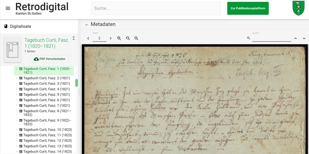 Ein Beispiel aus dem Bestand der Ortsgemeinde Rapperswil-Jona: Seite aus dem Tagebuch des Politikers Franz Basil Curti aus dem Jahr 1820.