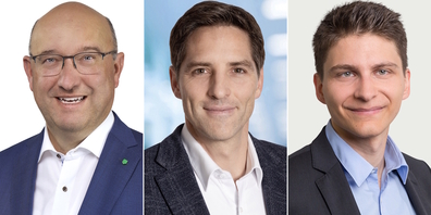 (v.l.) FDP-Regierungsrat Beat Tinner referiert über kantonale Herausforderungen, Axpo-Strategiechef Martin Koller über Energie und Patrick Eugster über die Rente.