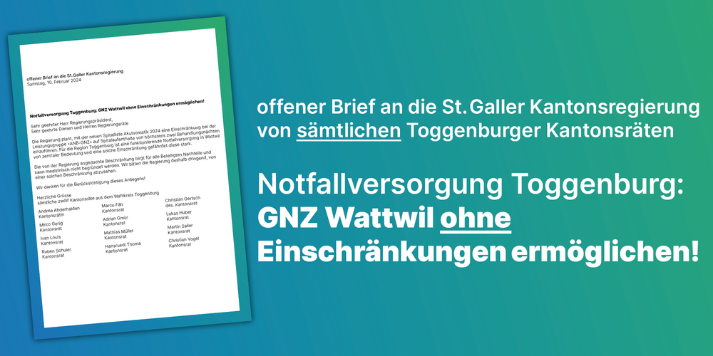 Sämtliche Toggenburger Kantonsräte fordern von der Regierung, dass auf Beschränkungen fürs GNZ Wattwil verzichtet werden.
