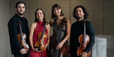 Die Interpretinnen und Interpreten v.l.: Bastian Loewe (Violine), Livia Berchtold (Violine), Alina Morger (Cello) und Juan Carlos Escobar (Viola).