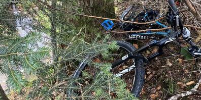 Ein in einem Wald verstecktes gestohlenes Velo.