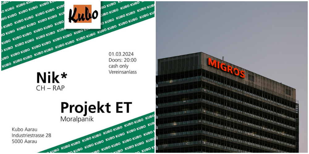 Das Konzertplakat des Kubo erinnert an die Gestaltung der M-Budget-Kampagnen.