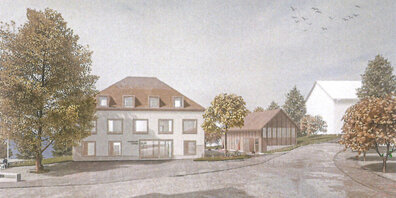 Visualisierung Aussenansicht des Gemeindehauses und der alten Linde.