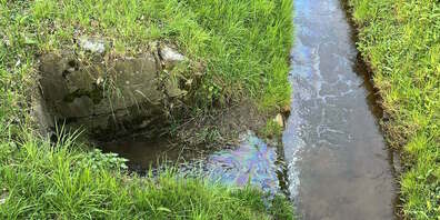 Der Ölfilm auf der Wasseroberfläche ist gut sichtbar. 