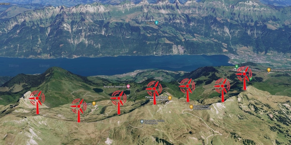 Visualisierung des geplanten Windparks mit sieben Turbinen am Standort Flumserberg südlich des Walensees.