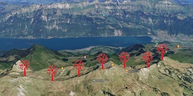 Visualisierung des geplanten Windparks mit sieben Turbinen am Standort Flumserberg südlich des Walensees.