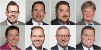 «Ricken-Strassentunnel und Autobahnanschluss fürs Toggenburg – jetzt!»: Christian Vogel,  Ivan Louis,  Mirco Gerig und  René Bühler (o.v.l.n.r.) sowie Hedy Fürer-Ulrich,  Lukas Huber,  Kurt Kälin und Bernhard Zahner (u.v.l.n.r.).