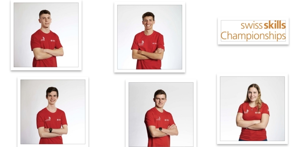 Im Uhrzeigersinn:  Julian Gemperli, Maurin Schickli, Jana Goldener, Felix Kuster und Florentin Kaufmann sind Teil des Schweizer Swiss Skills-Nationalteams und treten am 10. September 2024 in Lyon zu den World Skills 2024 an.