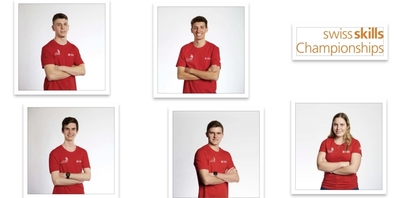 Im Uhrzeigersinn:  Julian Gemperli, Maurin Schickli, Jana Goldener, Felix Kuster und Florentin Kaufmann sind Teil des Schweizer Swiss Skills-Nationalteams und treten am 10. September 2024 in Lyon zu den World Skills 2024 an.