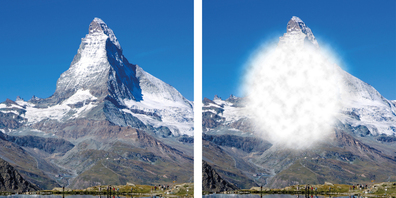 Links das Matterhorn gestochen scharf, während auf der rechten Seite in einer weiteren Illustration die Sichtweise einer AMD-betroffenen Person simuliert wird.