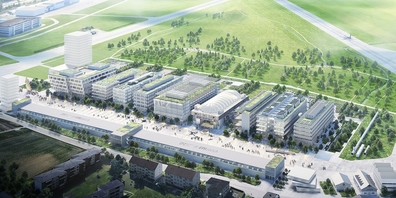 Der Baustart könnte schon im Laufe des Jahres sein: So soll die erste Bauetappe des Innovationsparks Zürich auf dem Areal des Flugplatzes Dübendorf aussehen.